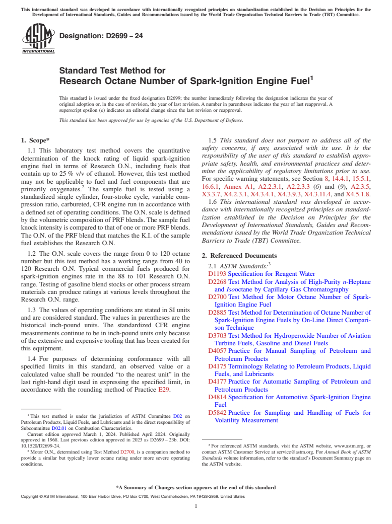 ASTM D2699-24 - Standard Test Method for Research Octane Number of Spark-Ignition Engine Fuel