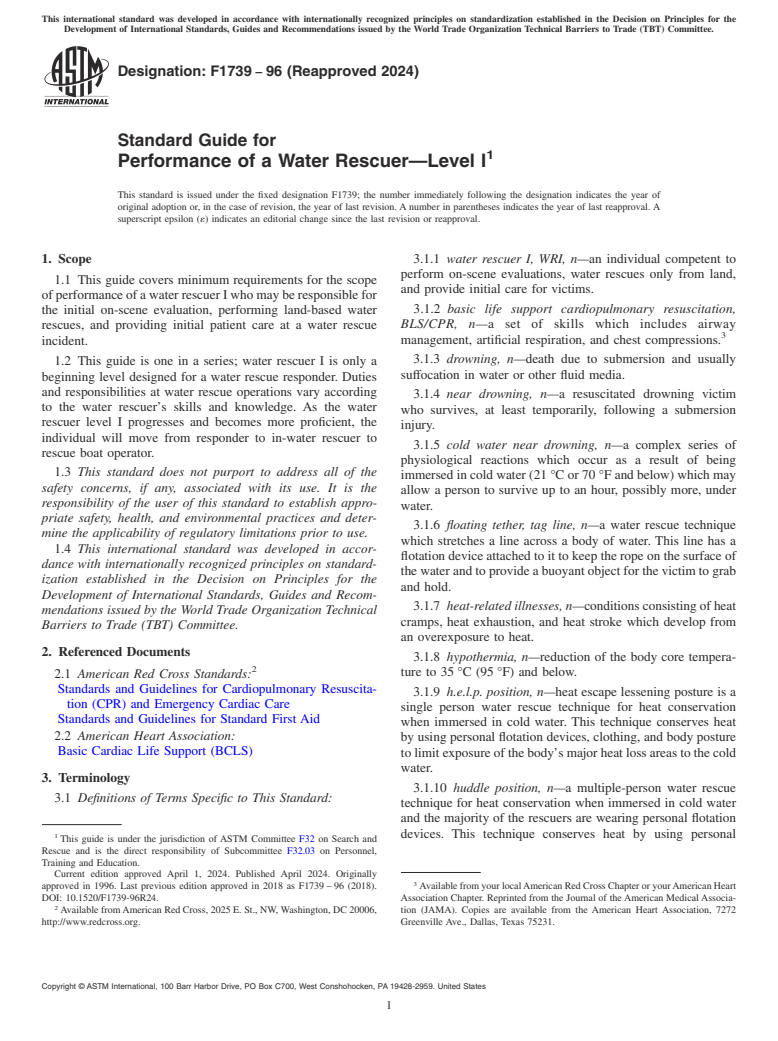 ASTM F1739-96(2024) - Standard Guide for  Performance of a Water Rescuer—Level I