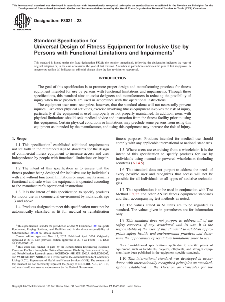 ASTM F3021-23 - Standard Specification for Universal Design of Fitness Equipment for Inclusive Use by  Persons with Functional Limitations and Impairments