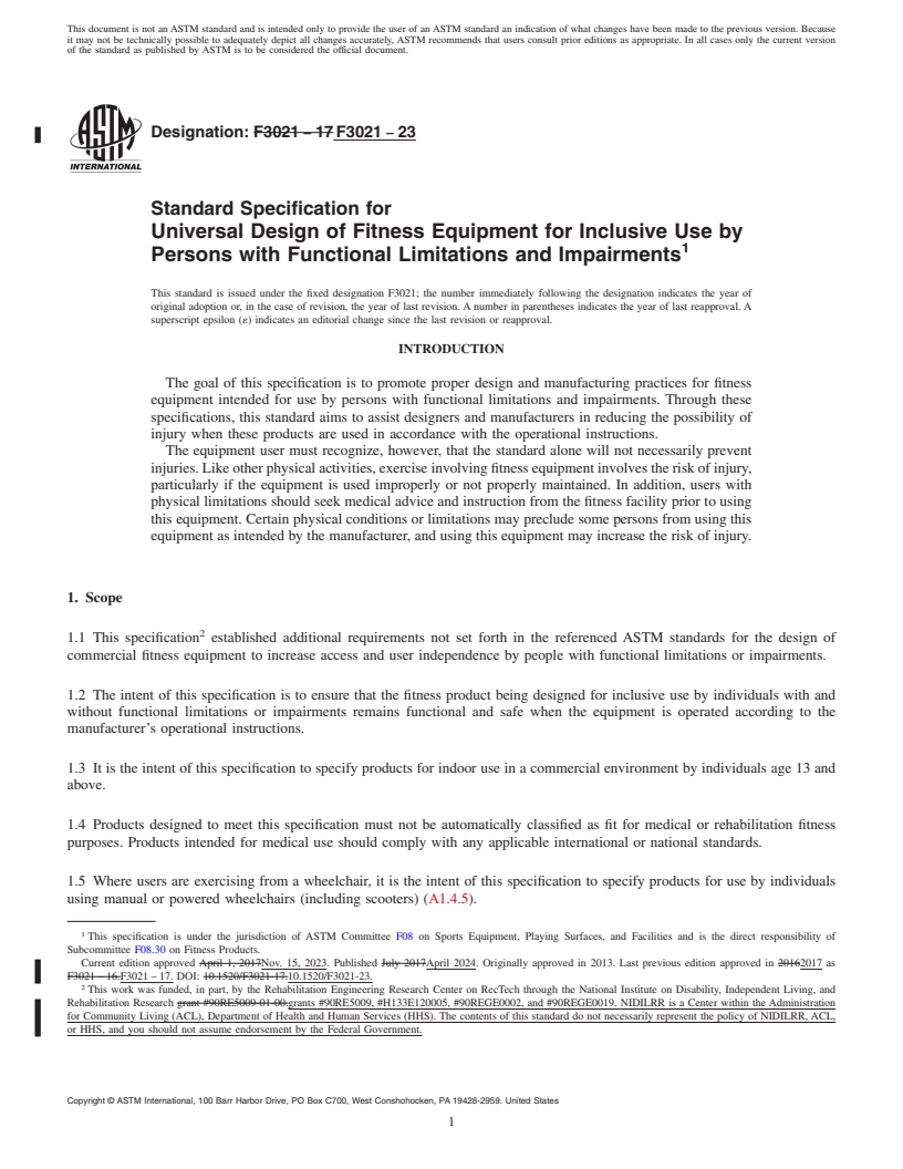 REDLINE ASTM F3021-23 - Standard Specification for Universal Design of Fitness Equipment for Inclusive Use by  Persons with Functional Limitations and Impairments