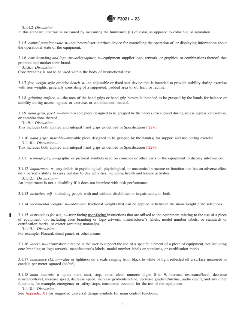 REDLINE ASTM F3021-23 - Standard Specification for Universal Design of Fitness Equipment for Inclusive Use by  Persons with Functional Limitations and Impairments