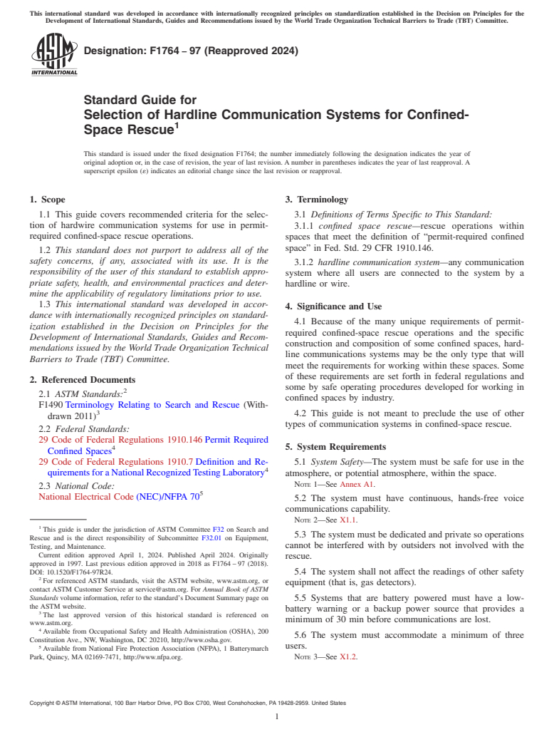 ASTM F1764-97(2024) - Standard Guide for  Selection of Hardline Communication Systems for Confined-Space  Rescue