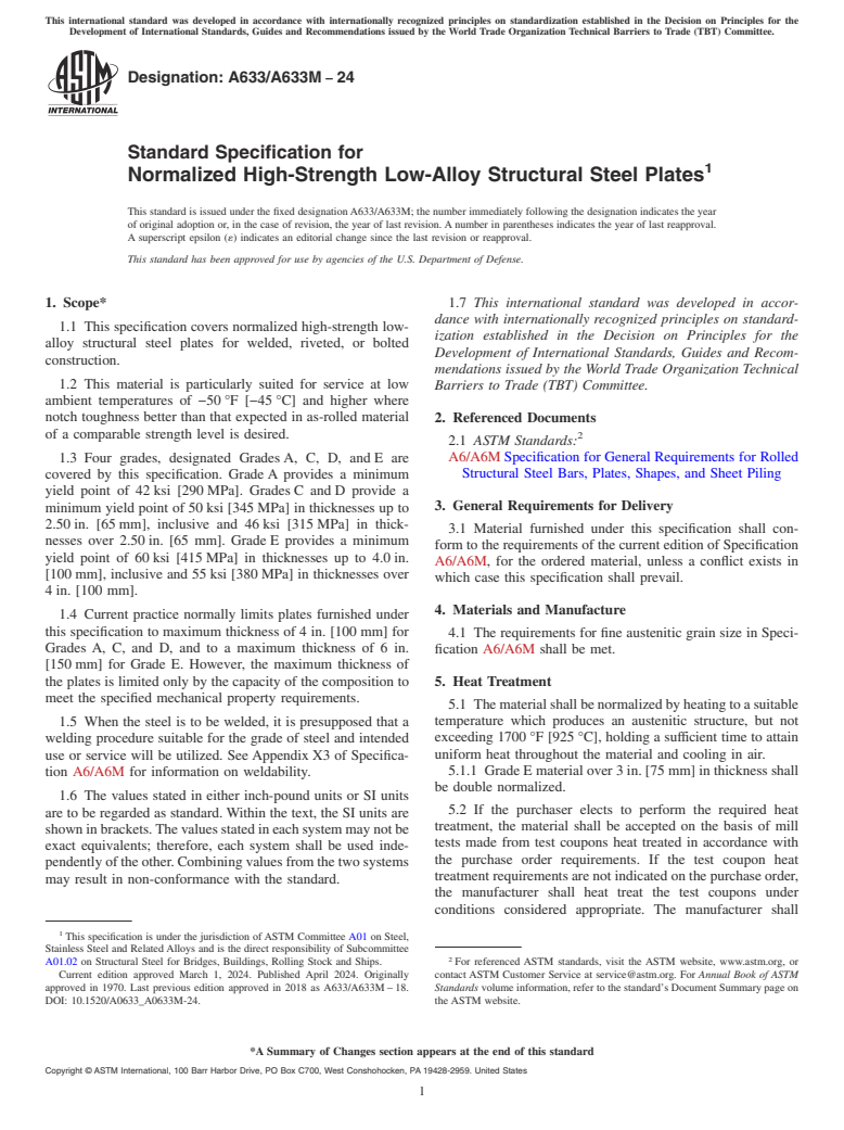 ASTM A633/A633M-24 - Standard Specification for  Normalized High-Strength Low-Alloy Structural Steel Plates