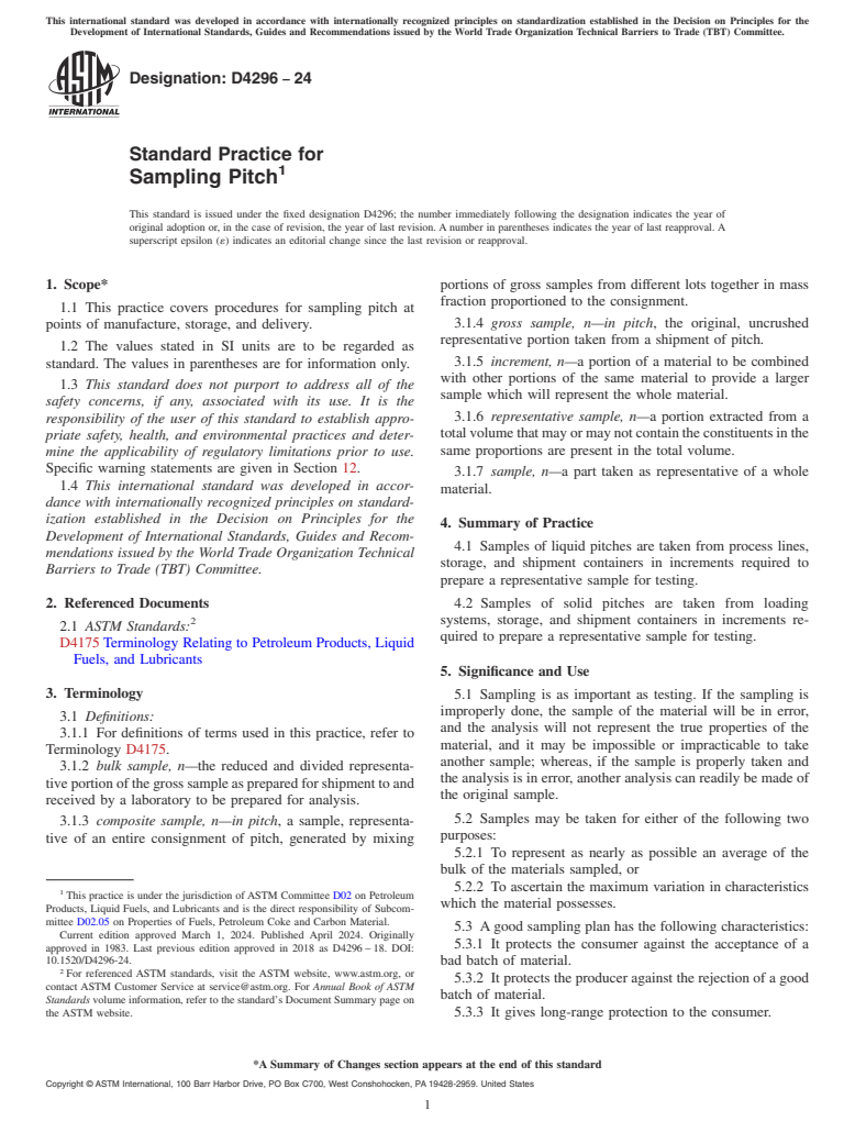 ASTM D4296-24 - Standard Practice for Sampling Pitch
