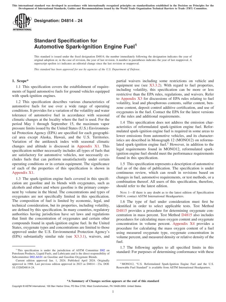 ASTM D4814-24 - Standard Specification for Automotive Spark-Ignition Engine Fuel