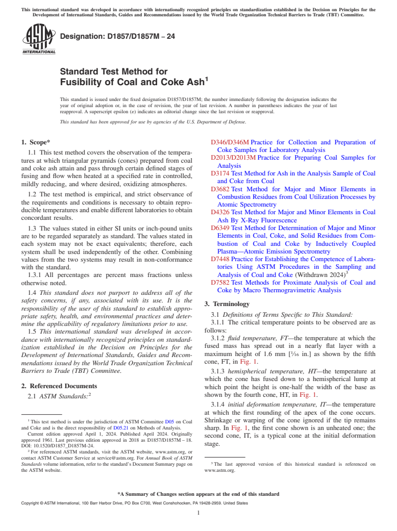 ASTM D1857/D1857M-24 - Standard Test Method for  Fusibility of Coal and Coke Ash