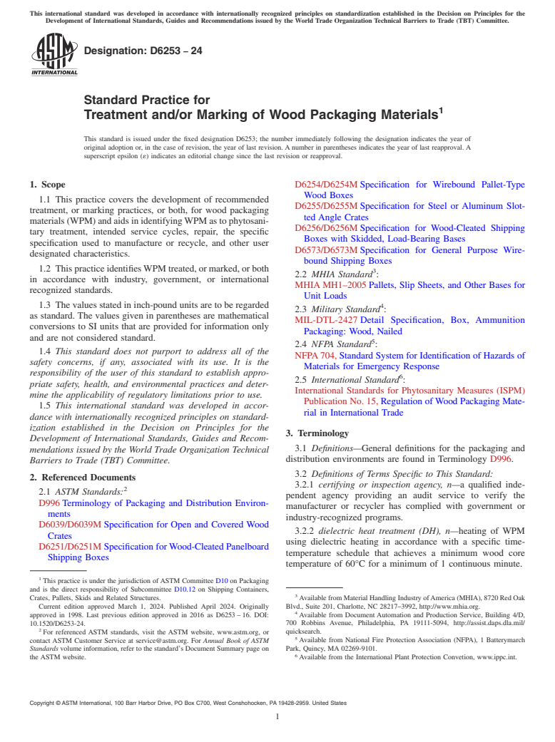 ASTM D6253-24 - Standard Practice for  Treatment and/or Marking of Wood Packaging Materials