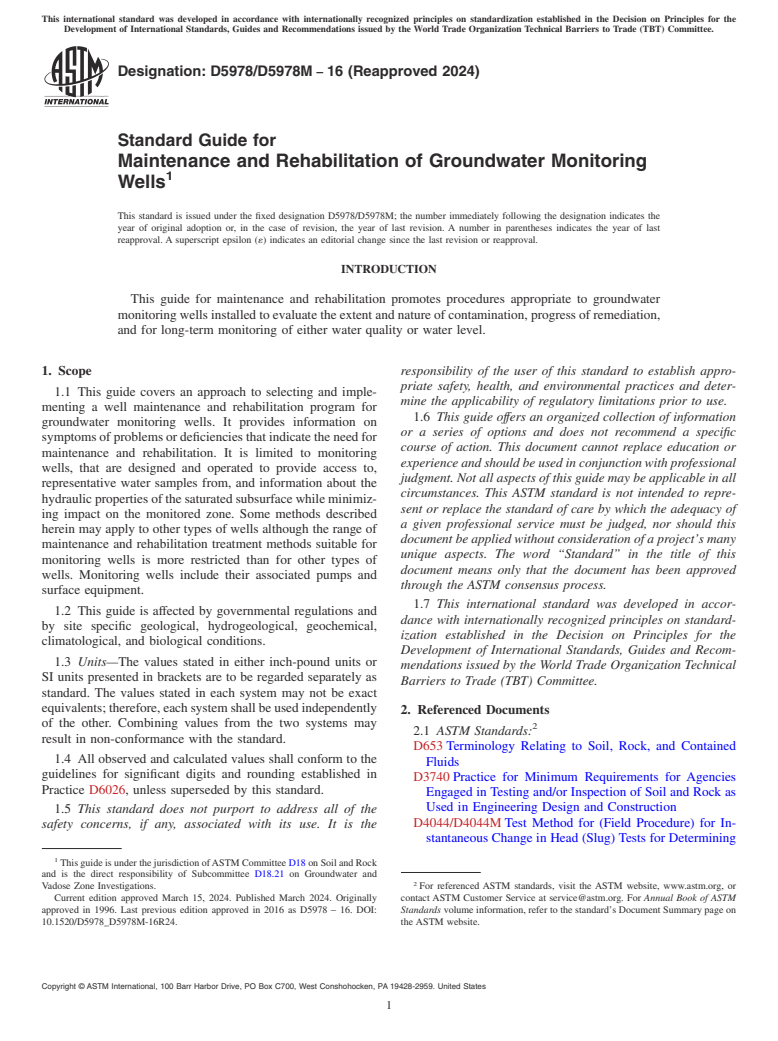 ASTM D5978/D5978M-16(2024) - Standard Guide for Maintenance and Rehabilitation of Groundwater Monitoring Wells