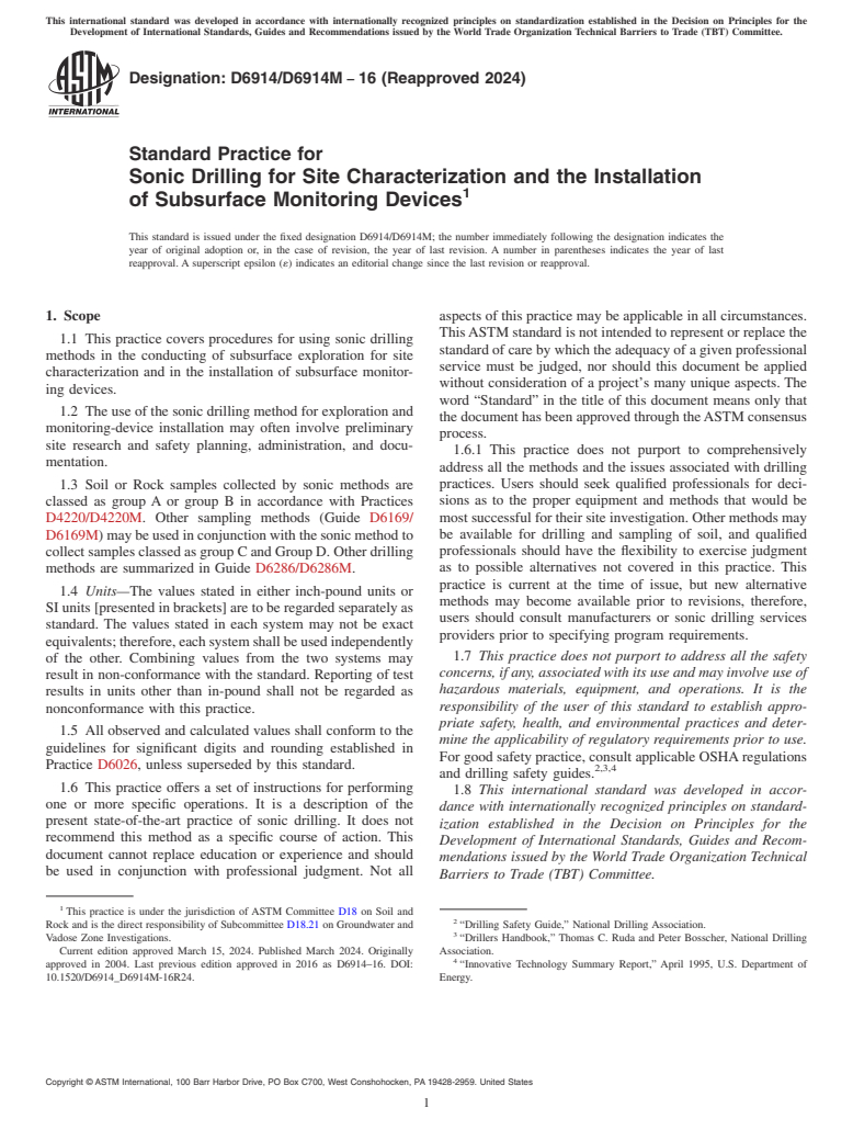 ASTM D6914/D6914M-16(2024) - Standard Practice for Sonic Drilling for Site Characterization and the Installation  of Subsurface Monitoring Devices