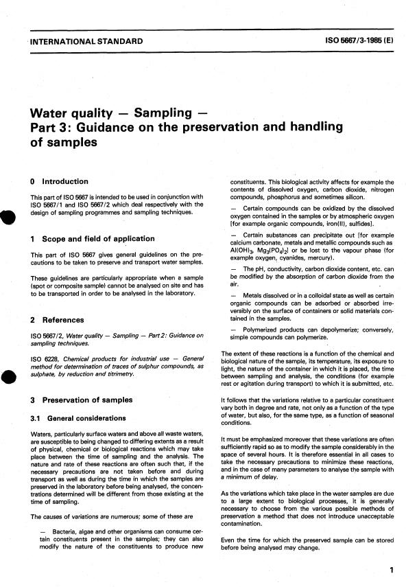 ISO 5667-3:1985 - Water quality -- Sampling