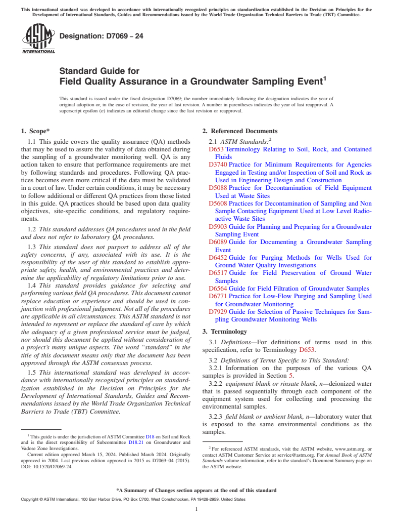 ASTM D7069-24 - Standard Guide for Field Quality Assurance in a Groundwater Sampling Event