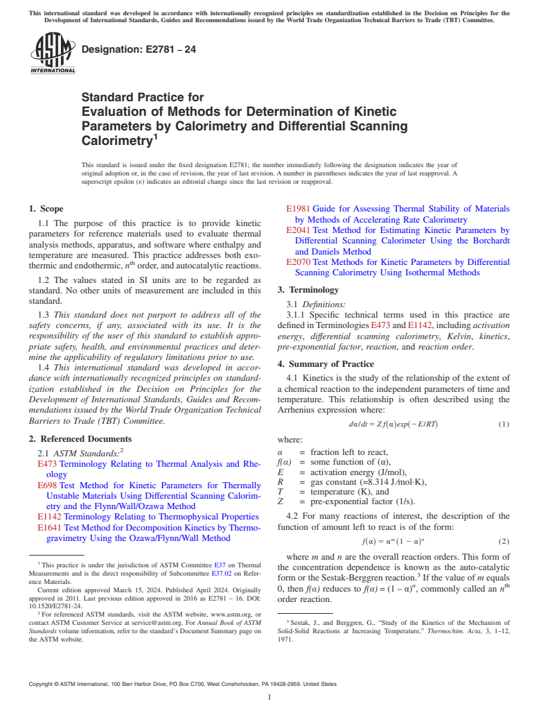 ASTM E2781-24 - Standard Practice for  Evaluation of Methods for Determination of Kinetic Parameters  by Calorimetry and Differential Scanning Calorimetry