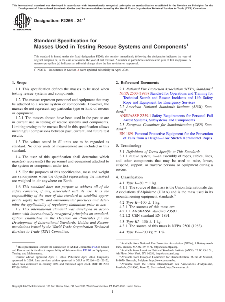 ASTM F2266-24e1 - Standard Specification for  Masses Used in Testing Rescue Systems and Components