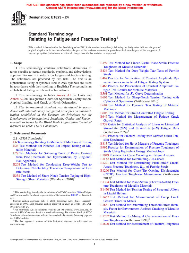 ASTM E1823-24 - Standard Terminology  Relating to Fatigue and Fracture Testing