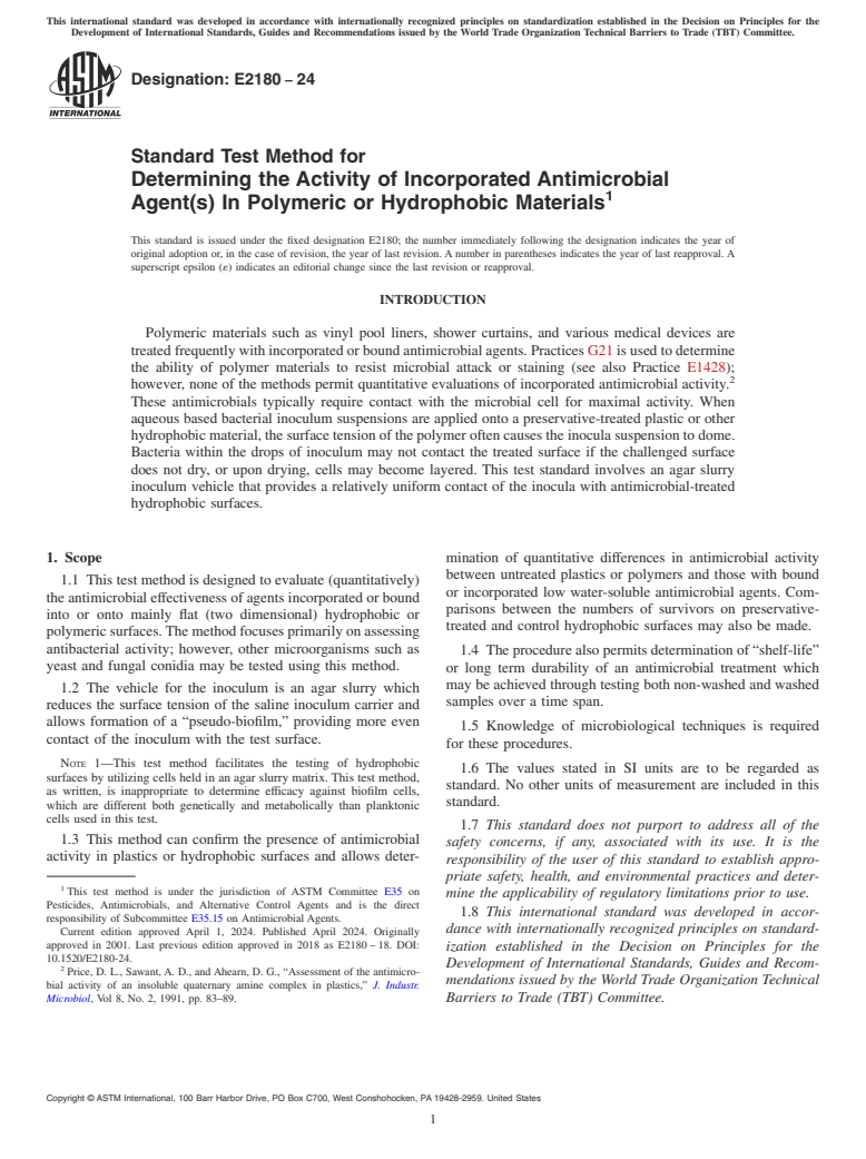 ASTM E2180-24 - Standard Test Method for  Determining the Activity of Incorporated Antimicrobial Agent(s)  In Polymeric or Hydrophobic Materials