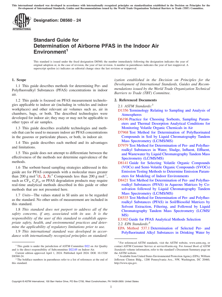ASTM D8560-24 - Standard Guide for Determination of Airborne PFAS in the Indoor Air Environment