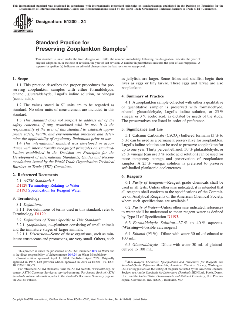 ASTM E1200-24 - Standard Practice for  Preserving Zooplankton Samples