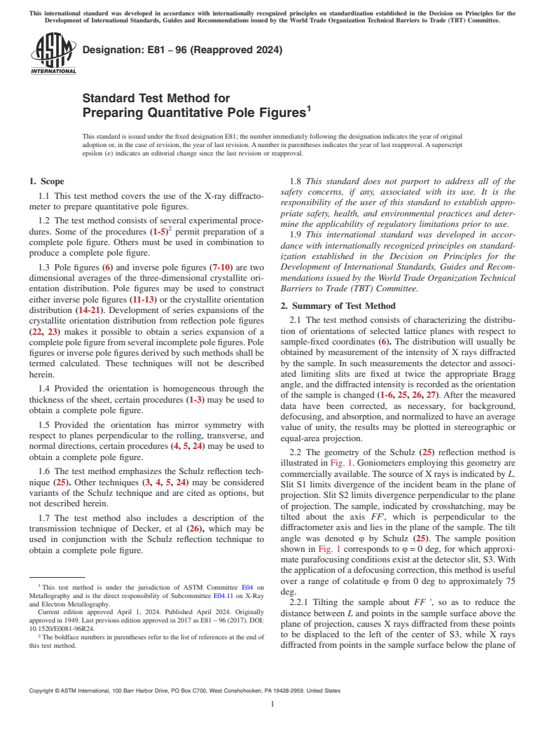 ASTM E81-96(2024) - Standard Test Method for  Preparing Quantitative Pole Figures