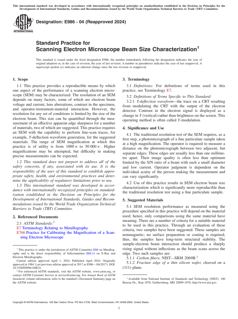 ASTM E986-04(2024) - Standard Practice for  Scanning Electron Microscope Beam Size Characterization