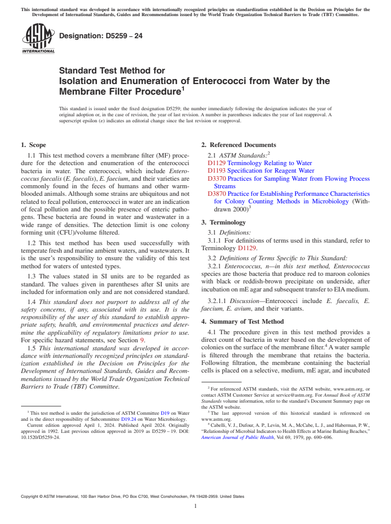 ASTM D5259-24 - Standard Test Method for  Isolation and Enumeration of Enterococci from Water by the  Membrane Filter Procedure