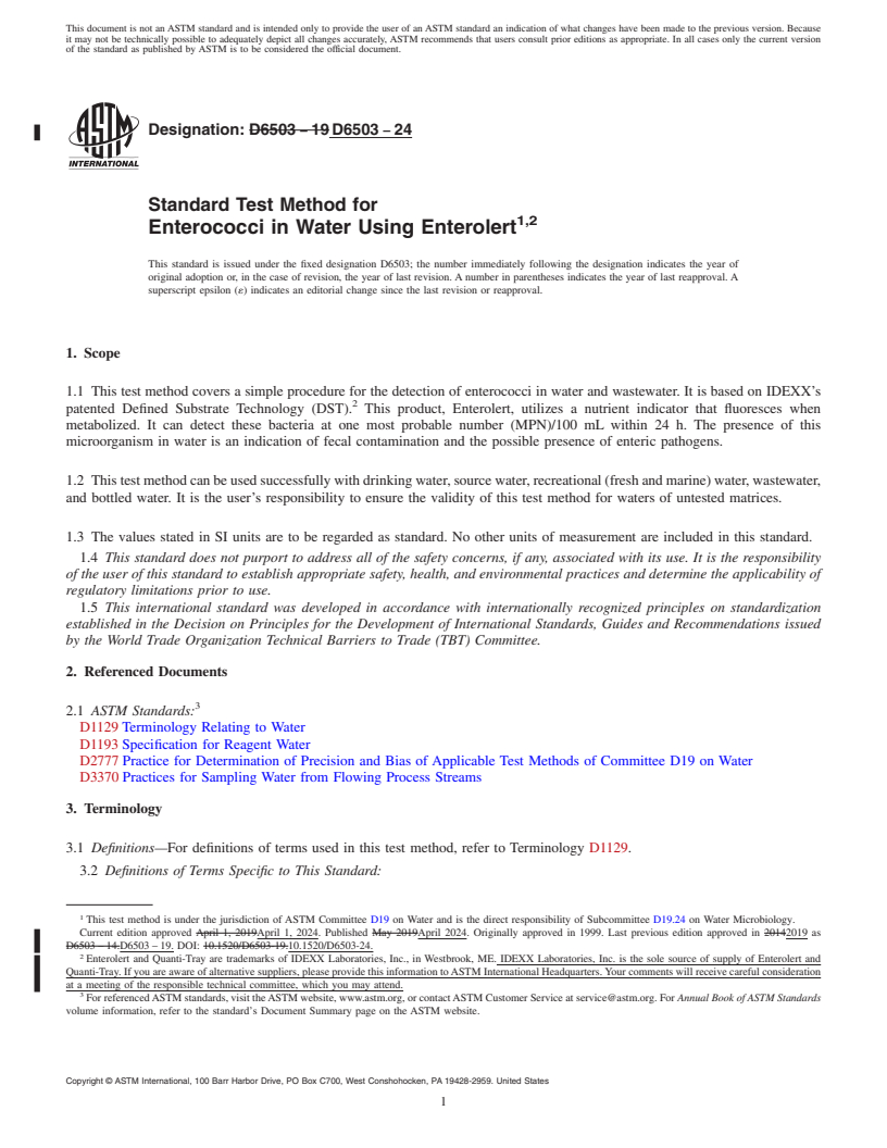 REDLINE ASTM D6503-24 - Standard Test Method for  Enterococci in Water Using Enterolert