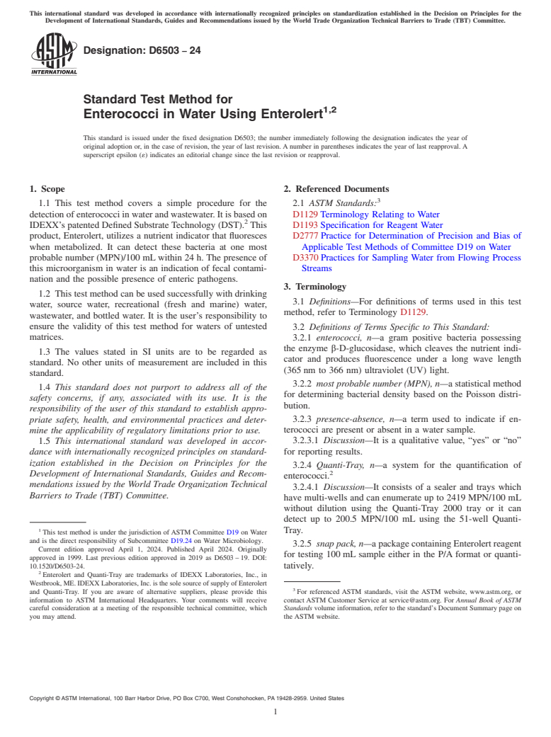 ASTM D6503-24 - Standard Test Method for  Enterococci in Water Using Enterolert