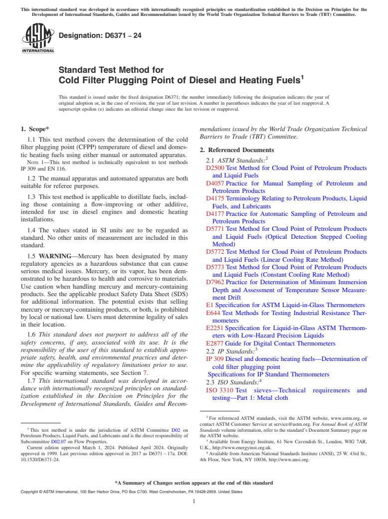 ASTM D6371-24 - Standard Test Method for  Cold Filter Plugging Point of Diesel and Heating Fuels