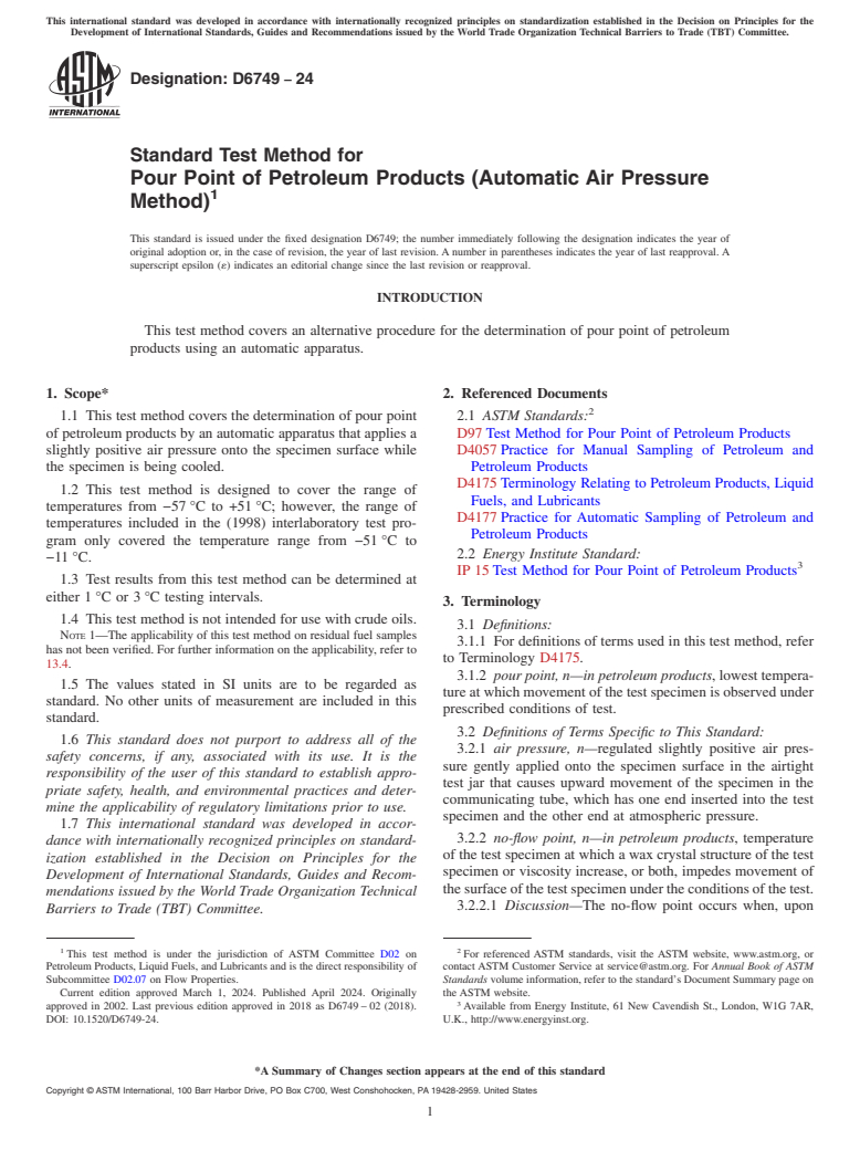 ASTM D6749-24 - Standard Test Method for  Pour Point of Petroleum Products (Automatic Air Pressure Method)