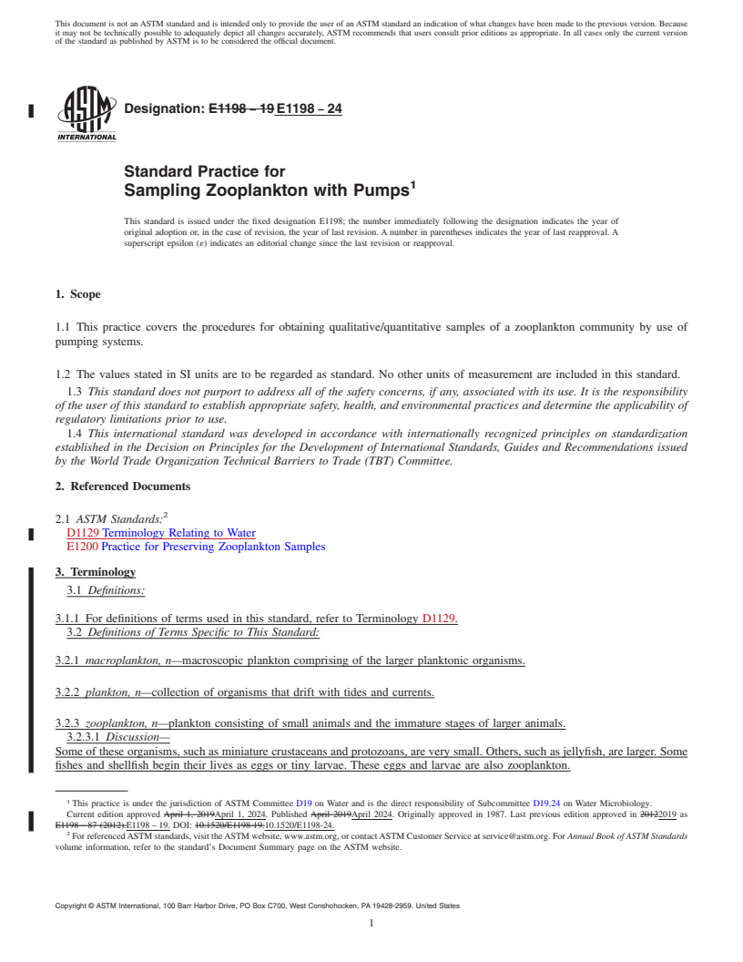 REDLINE ASTM E1198-24 - Standard Practice for  Sampling Zooplankton with Pumps