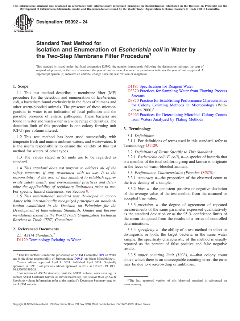 ASTM D5392-24 - Standard Test Method for  Isolation and Enumeration of <emph type="bdit">Escherichia  coli</emph> in Water by the Two-Step Membrane Filter Procedure