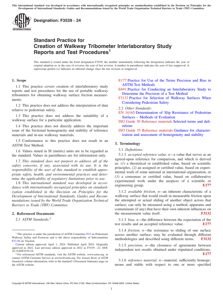 ASTM F3539-24 - Standard Practice for Creation of Walkway Tribometer Interlaboratory Study Reports  and Test Procedures
