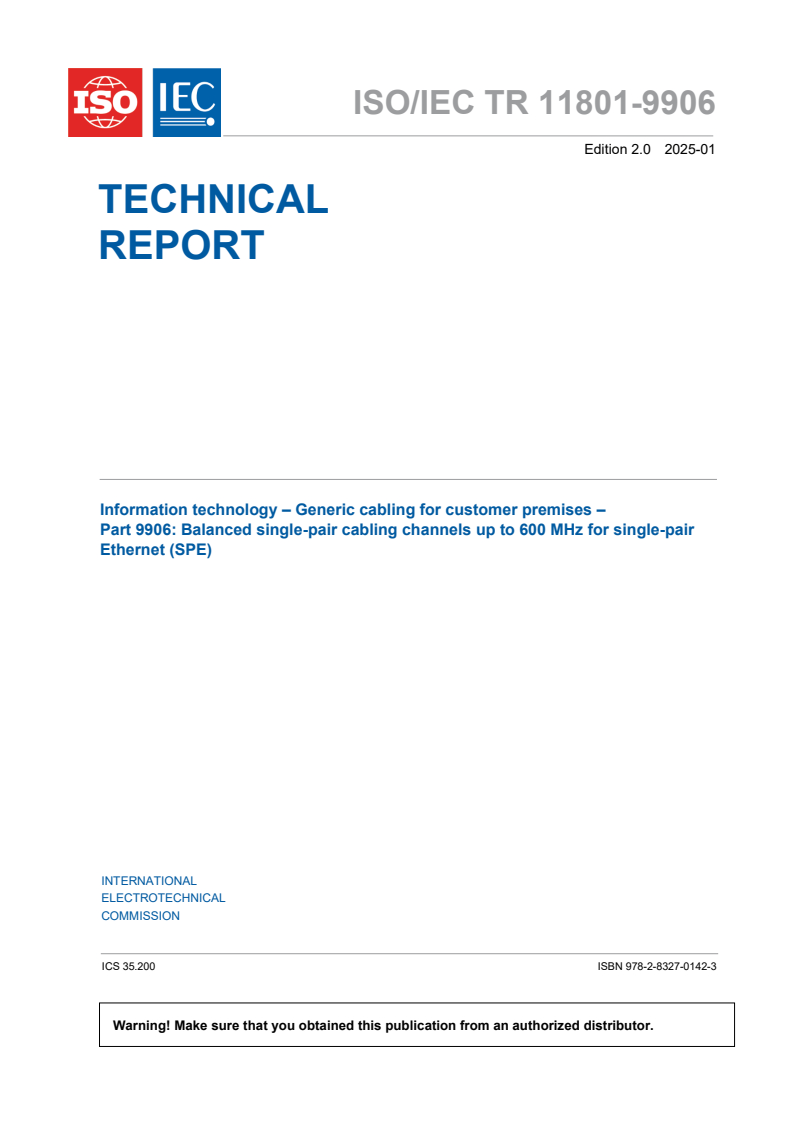 ISO/IEC TR 11801-9906:2025 - Information technology - Generic cabling for customer premises - Part 9906: Balanced single-pair cabling channels up to 600 MHz for single-pair Ethernet (SPE)
Released:21. 01. 2025
Isbn:9782832701423