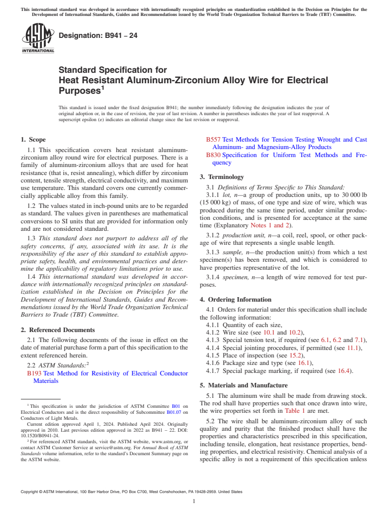 ASTM B941-24 - Standard Specification for Heat Resistant Aluminum-Zirconium Alloy Wire for Electrical   Purposes