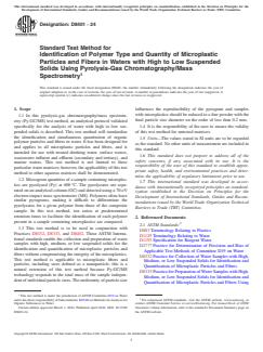 ASTM D8401-24 ASTM D8401-24 - Standard Test Method for Identification of Polymer Type and Quantity of Microplastic Particles and Fibers in Waters with High to Low Suspended Solids Using Pyrolysis-Gas Chromatography/Mass Spectrometry - Page 1 preview