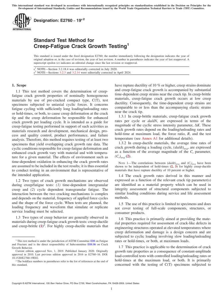 ASTM E2760-19e2 - Standard Test Method for  Creep-Fatigue Crack Growth Testing