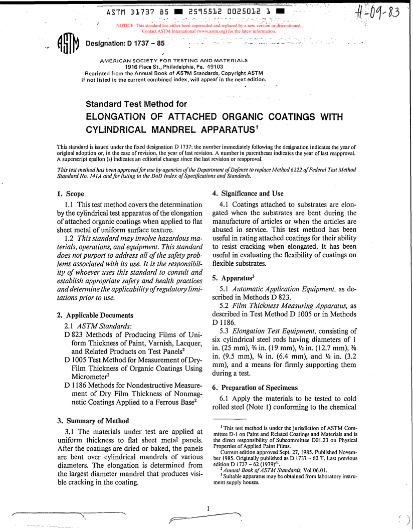 ASTM D1737-85 - Method of Test for Elongation of Attached Organic Coatings with Cylindrical Mandrel Apparatus (Withdrawn 1987)