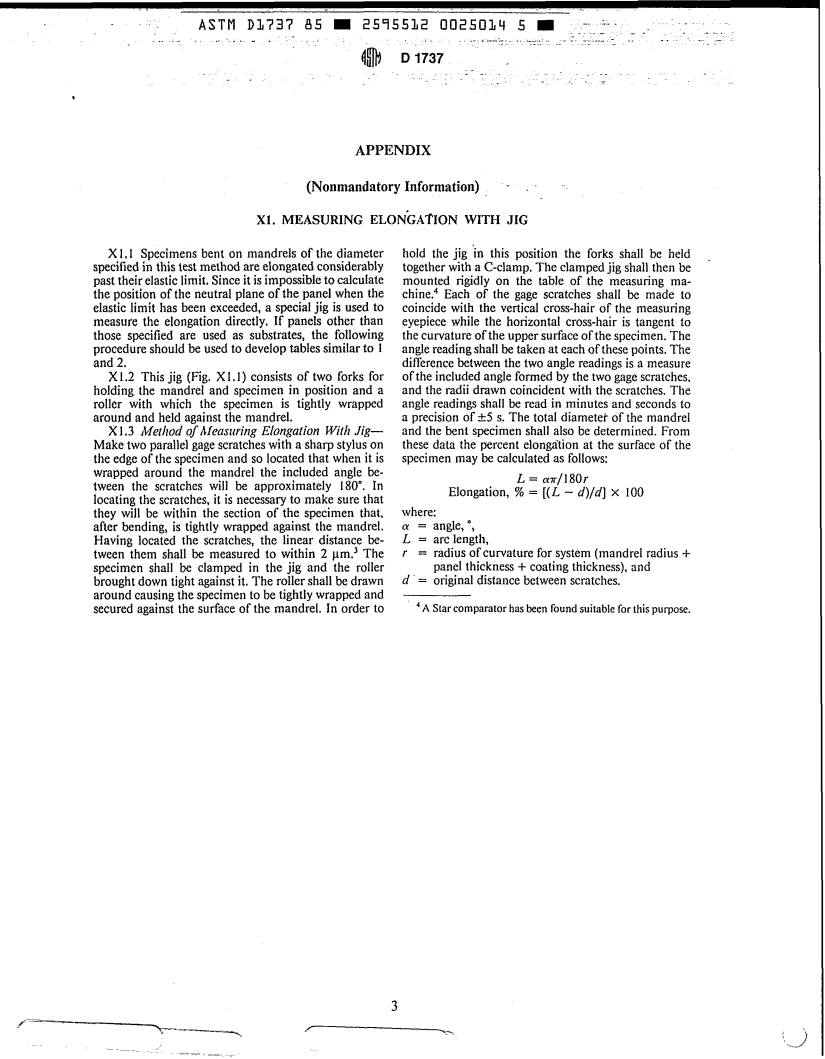 ASTM D1737-85 - Method of Test for Elongation of Attached Organic Coatings with Cylindrical Mandrel Apparatus (Withdrawn 1987)