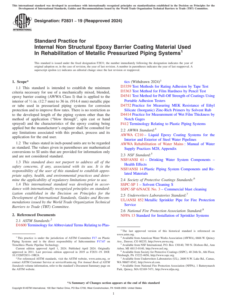 ASTM F2831-19(2024) - Standard Practice for   Internal Non Structural Epoxy Barrier Coating Material Used   In Rehabilitation of Metallic Pressurized Piping Systems