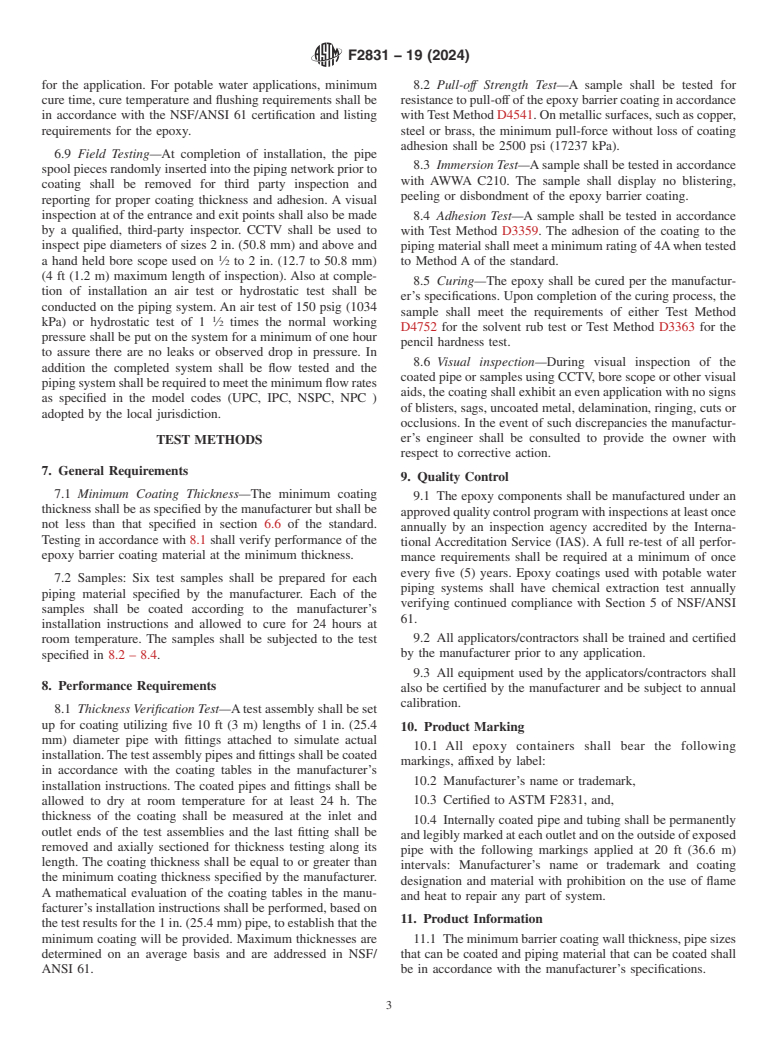 ASTM F2831-19(2024) - Standard Practice for   Internal Non Structural Epoxy Barrier Coating Material Used   In Rehabilitation of Metallic Pressurized Piping Systems