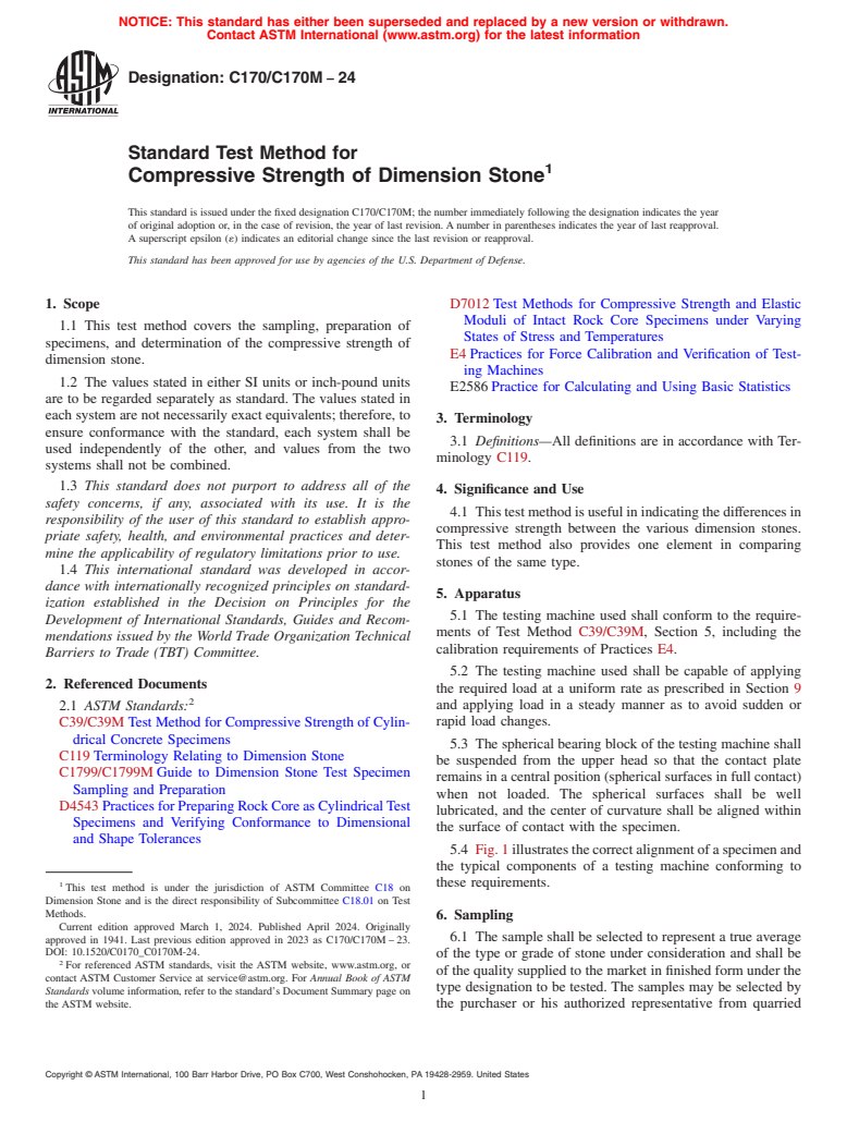 ASTM C170/C170M-24 - Standard Test Method for  Compressive Strength of Dimension Stone