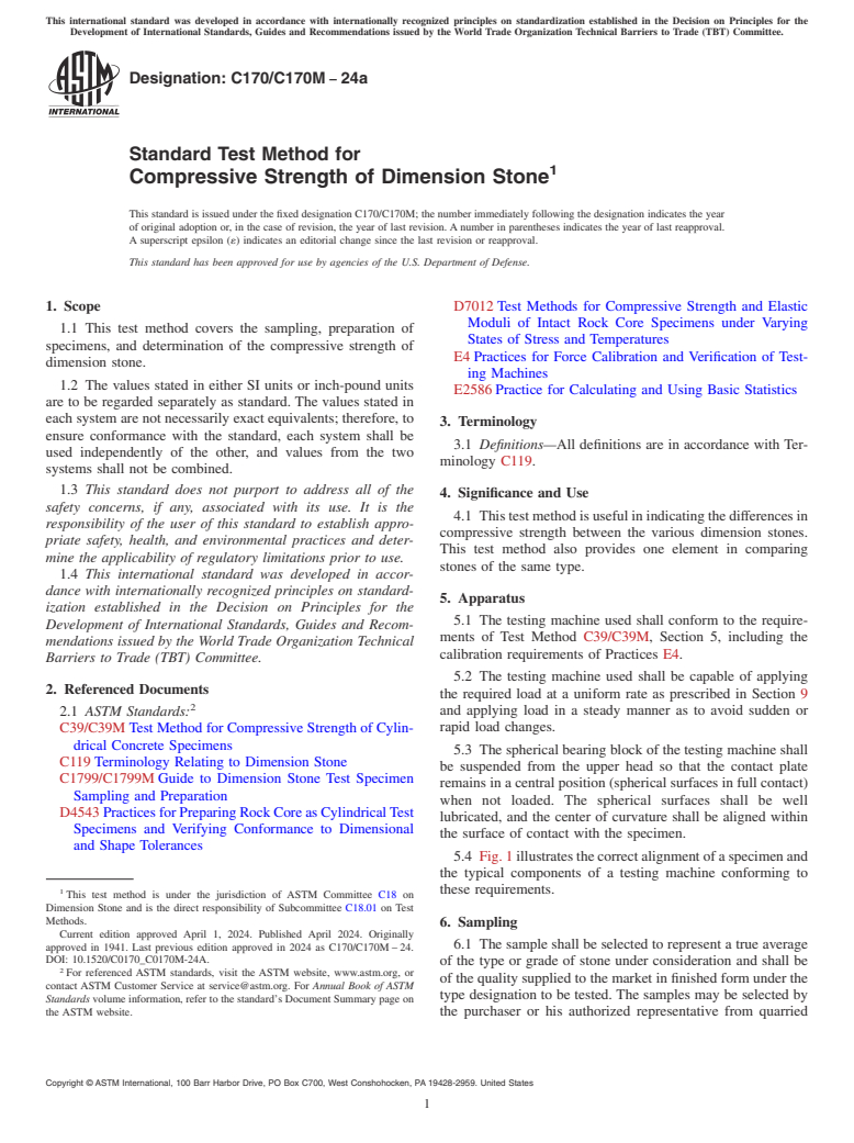 ASTM C170/C170M-24a - Standard Test Method for  Compressive Strength of Dimension Stone