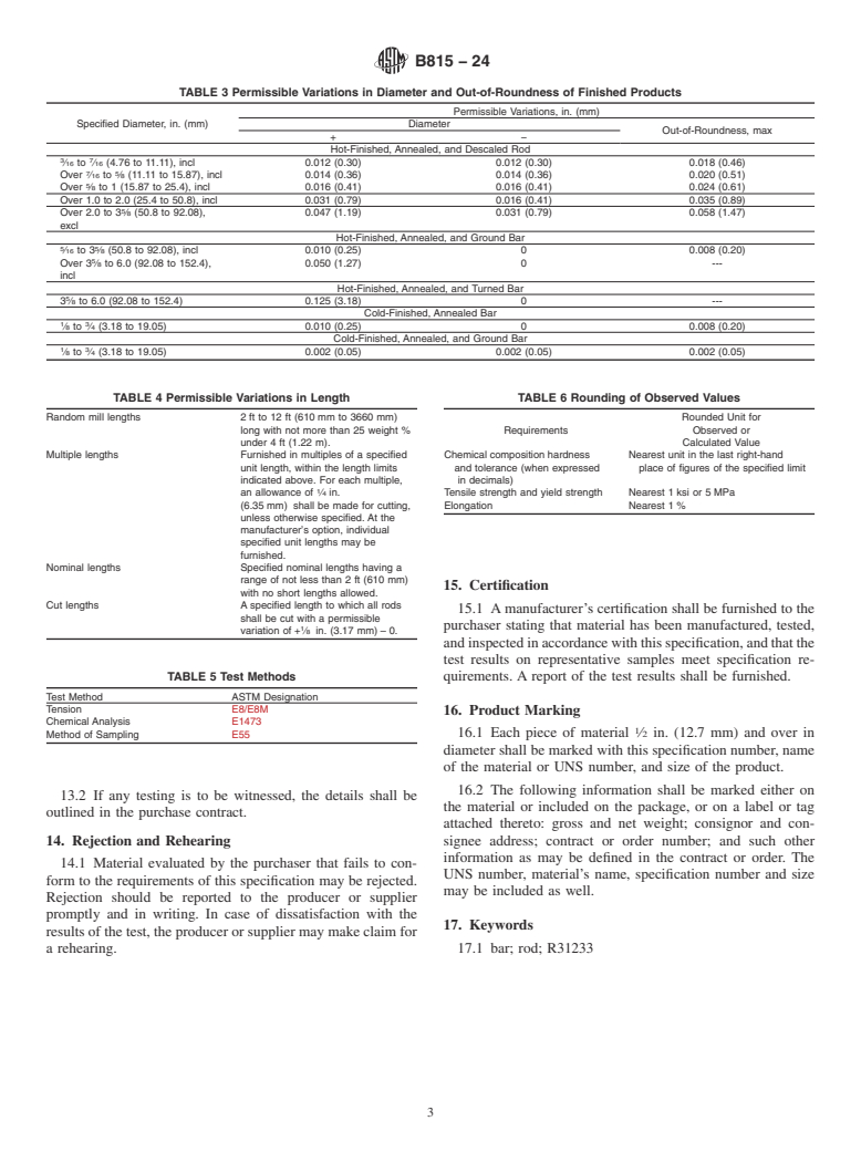 ASTM B815-24 - Standard Specification for Cobalt-Chromium-Nickel-Molybdenum-Tungsten Alloy<brk/> Bar  or Rod