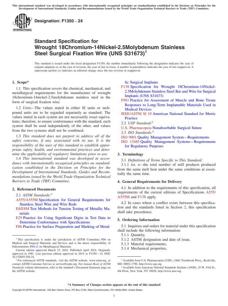 ASTM F1350-24 - Standard Specification for  Wrought 18Chromium-14Nickel-2.5Molybdenum Stainless Steel Surgical  Fixation Wire (UNS S31673)