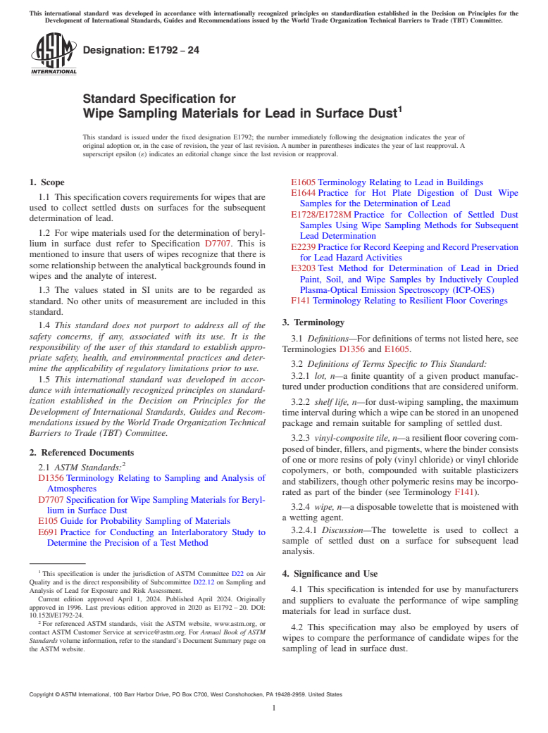 ASTM E1792-24 - Standard Specification for Wipe Sampling Materials for Lead in Surface Dust