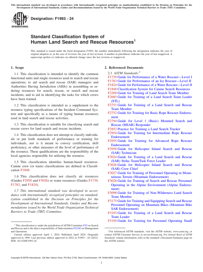 ASTM F1993-24 - Standard Classification System of Human Land Search and Rescue Resources