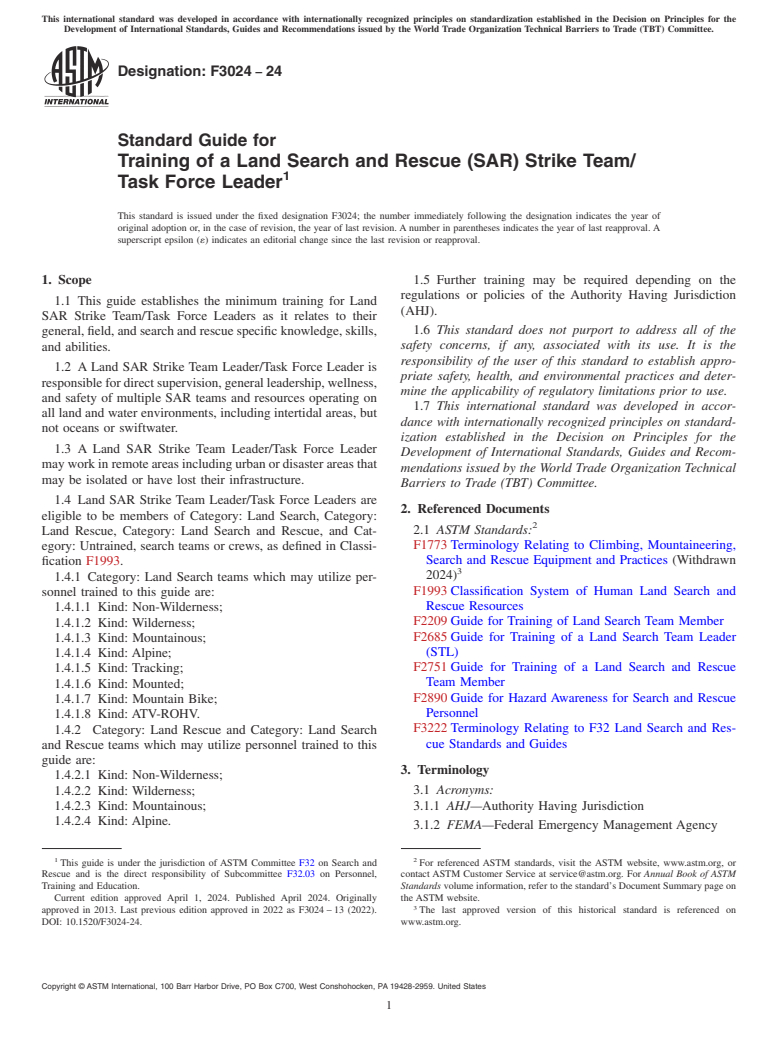ASTM F3024-24 - Standard Guide for Training of a Land Search and Rescue (SAR) Strike Team/Task  Force Leader