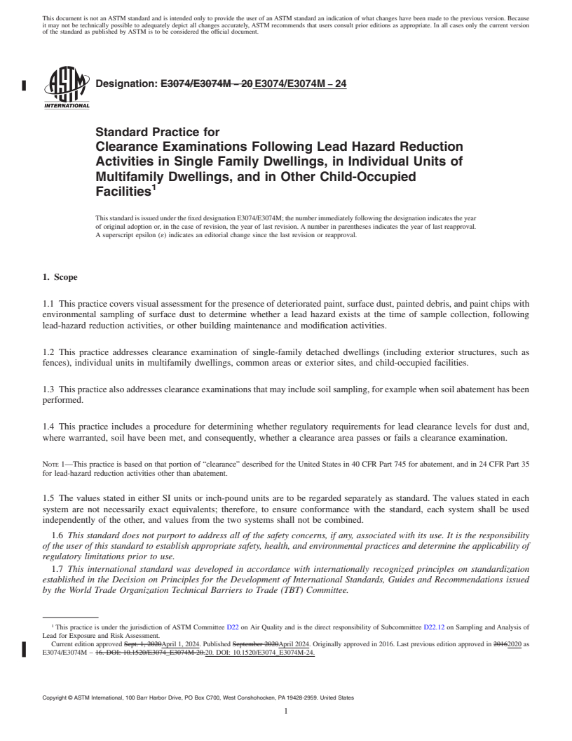 REDLINE ASTM E3074/E3074M-24 - Standard Practice for Clearance Examinations Following Lead Hazard Reduction Activities  in Single Family Dwellings, in Individual Units of Multifamily Dwellings,  and in Other Child-Occupied Facilities