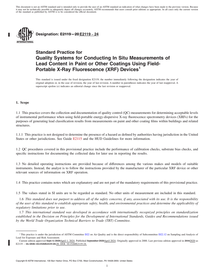 REDLINE ASTM E2119-24 - Standard Practice for Quality Systems for Conducting In Situ Measurements of Lead  Content in Paint or Other Coatings Using Field-Portable X-Ray Fluorescence  (XRF) Devices
