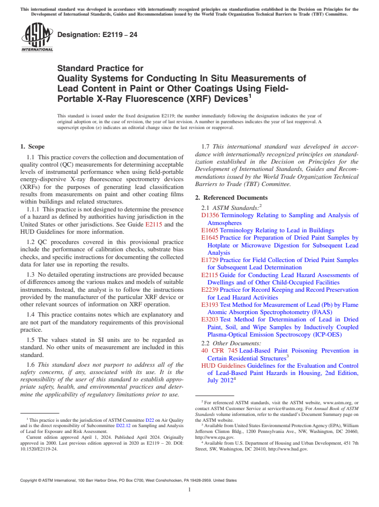ASTM E2119-24 - Standard Practice for Quality Systems for Conducting In Situ Measurements of Lead  Content in Paint or Other Coatings Using Field-Portable X-Ray Fluorescence  (XRF) Devices
