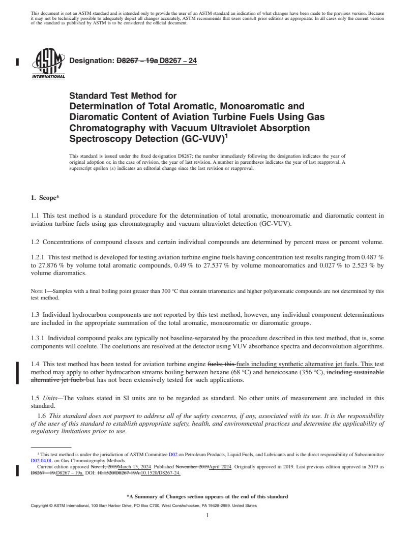 REDLINE ASTM D8267-24 - Standard Test Method for Determination of Total Aromatic, Monoaromatic and Diaromatic  Content of Aviation Turbine Fuels Using Gas Chromatography with Vacuum  Ultraviolet Absorption Spectroscopy Detection (GC-VUV)